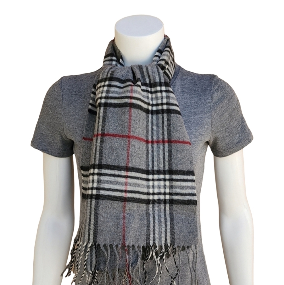 VINTAGE Gray Plaid Nova Check Scarf Wool Cashmere Acrylic V FRAAS GERMANY Mens - Picture 2 of 11